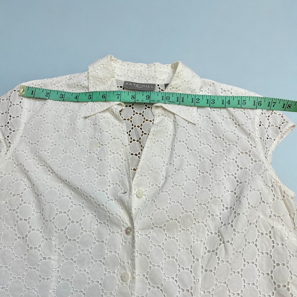 Kate Hill 14P Petite White Eyelet Lined Short Sleeve Button-Front Blouse - Picture 6 of 10